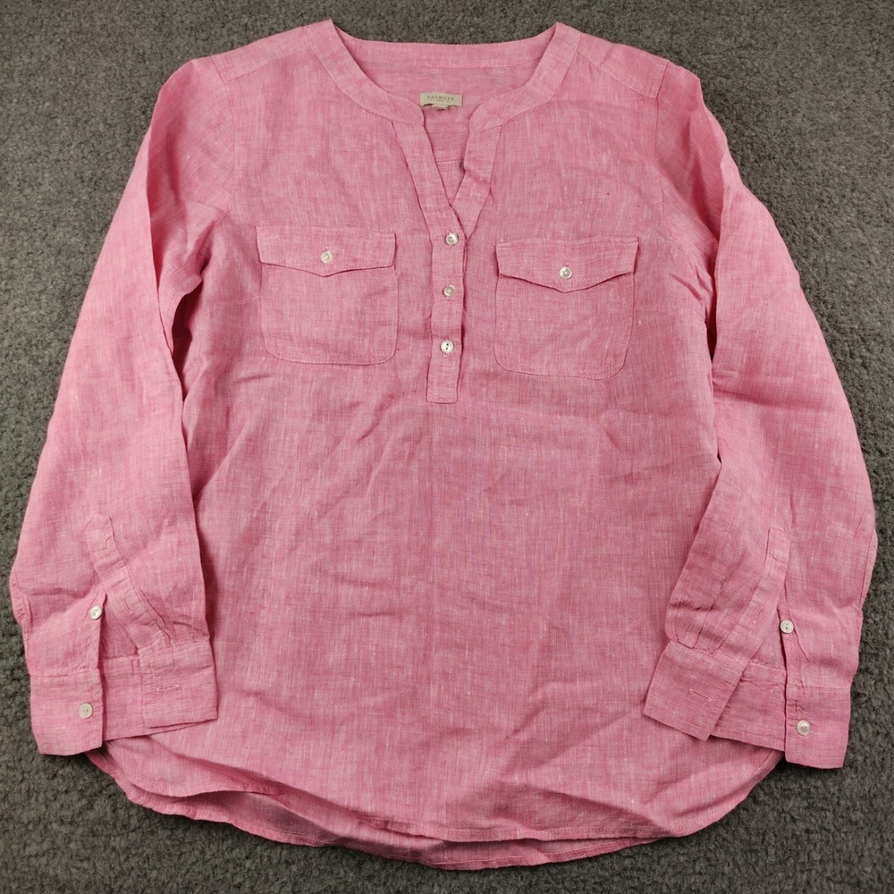 Talbots Linen Blouse Sz Medium Petite Pink Popover Long Sleeve EUC